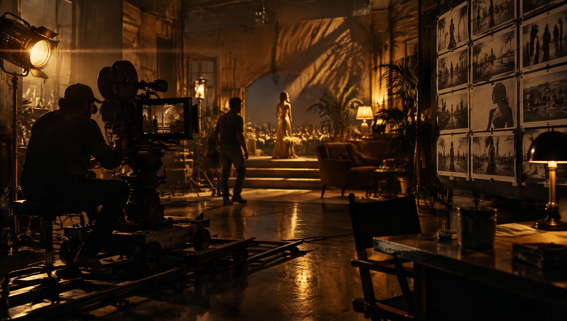 A film crew shooting on a warm-lit soundstage